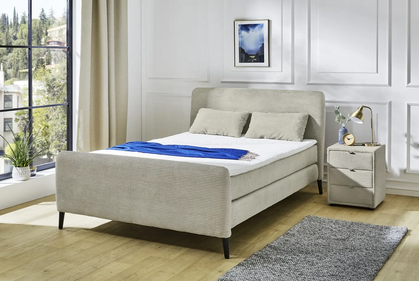 Boxspringbett Elisa in Feincord light greige 140 x 200 cm